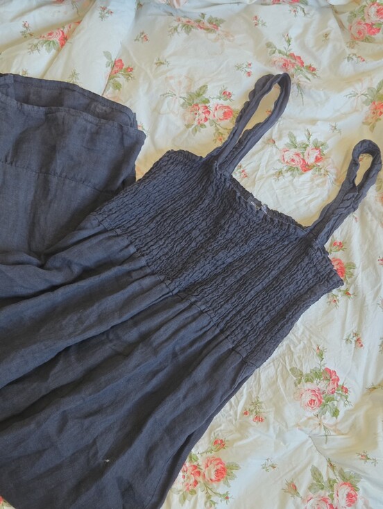 Frances Bertini Dresses & Skirts - Frances Bertini Navy Blue Made in Italy 100% Linen Smocked Maxi Dress Sz M 🇮🇹